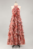 Dusty Rose Halter Ruffled A Line Long Floral Dress