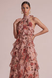 Dusty Rose Halter Ruffled A Line Long Floral Dress