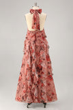 Dusty Rose Halter Ruffled A Line Long Floral Dress