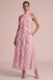Dusty Rose Halter Ruffled A Line Long Floral Dress