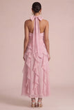 Dusty Rose Halter Ruffled A Line Long Floral Dress