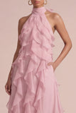 Dusty Rose Halter Ruffled A Line Long Floral Dress