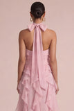 Dusty Rose Halter Ruffled A Line Long Floral Dress