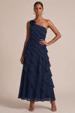Navy One Shoulder A Line Ruffled Maxi Dress with 3D Flower