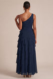 Navy One Shoulder A Line Ruffled Maxi Dress with 3D Flower