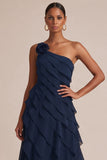 Navy One Shoulder A Line Ruffled Maxi Dress with 3D Flower