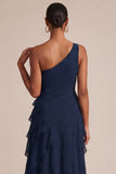 Navy One Shoulder A Line Ruffled Maxi Dress with 3D Flower
