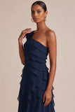 Navy One Shoulder A Line Ruffled Maxi Dress with 3D Flower