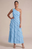 Navy One Shoulder A Line Ruffled Maxi Dress with 3D Flower