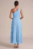 Navy One Shoulder A Line Ruffled Maxi Dress with 3D Flower