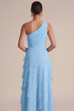 Navy One Shoulder A Line Ruffled Maxi Dress with 3D Flower