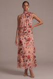 Lilac A Line Halter Long Floral Dress with Bow