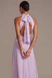 Lilac A Line Halter Long Floral Dress with Bow