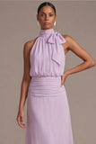 Lilac A Line Halter Long Floral Dress with Bow