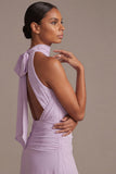 Lilac A Line Halter Long Floral Dress with Bow