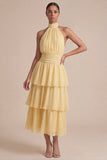 Yellow Ruffled A Line Halter Midi Chiffon Dress with Bow