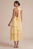 Yellow Ruffled A Line Halter Midi Chiffon Dress with Bow