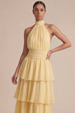 Yellow Ruffled A Line Halter Midi Chiffon Dress with Bow