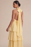 Yellow Ruffled A Line Halter Midi Chiffon Dress with Bow
