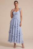 Light Blue A Line Ruffled Cut Out Maxi Dress