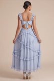 Light Blue A Line Ruffled Cut Out Maxi Dress