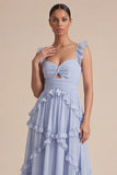 Light Blue A Line Ruffled Cut Out Maxi Dress