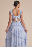Light Blue A Line Ruffled Cut Out Maxi Dress