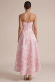 Pink Strapless A Line Maxi Floral Dress