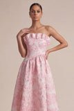 Pink Strapless A Line Maxi Floral Dress