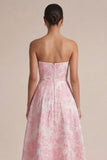 Pink Strapless A Line Maxi Floral Dress