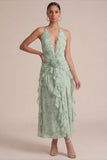 Sage Halter Printed A Line Ruffled Midi Floral Dress with 3D Flowers