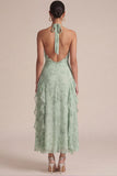 Sage Halter Printed A Line Ruffled Midi Floral Dress with 3D Flowers