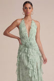 Sage Halter Printed A Line Ruffled Midi Floral Dress with 3D Flowers