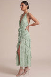 Sage Halter Printed A Line Ruffled Midi Floral Dress with 3D Flowers