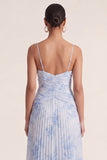 Light Blue A Line Pleated Spaghetti Straps Floral Dress