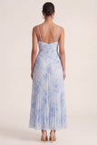 Light Blue A Line Pleated Spaghetti Straps Floral Dress