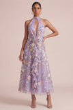 Lilac Appliqued Halter A Line Cut Out Ruffled Maxi Dress with 3D Flowers