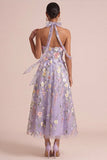 Lilac Appliqued Halter A Line Cut Out Ruffled Maxi Dress with 3D Flowers