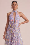 Lilac Appliqued Halter A Line Cut Out Ruffled Maxi Dress with 3D Flowers