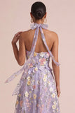 Lilac Appliqued Halter A Line Cut Out Ruffled Maxi Dress with 3D Flowers