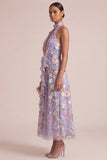 Lilac Appliqued Halter A Line Cut Out Ruffled Maxi Dress with 3D Flowers