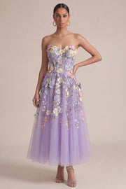 Strapless Lilac A Line Appliqued Corset Floral Dress