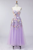 Strapless Lilac A Line Appliqued Corset Floral Dress