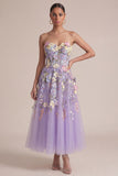 Strapless Lilac A Line Appliqued Corset Floral Dress