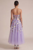 Strapless Lilac A Line Appliqued Corset Floral Dress