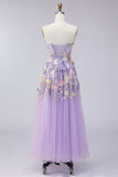 Strapless Lilac A Line Appliqued Corset Floral Dress