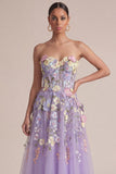 Strapless Lilac A Line Appliqued Corset Floral Dress
