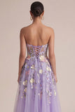 Strapless Lilac A Line Appliqued Corset Floral Dress