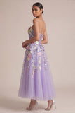 Strapless Lilac A Line Appliqued Corset Floral Dress