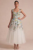 White Floral A Line Corset Square Neck Midi Dress